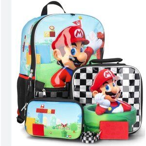 Nintendo Boys' 17" Super Mario Backpack, Lunch Box, Gadget Case, and ID Holder